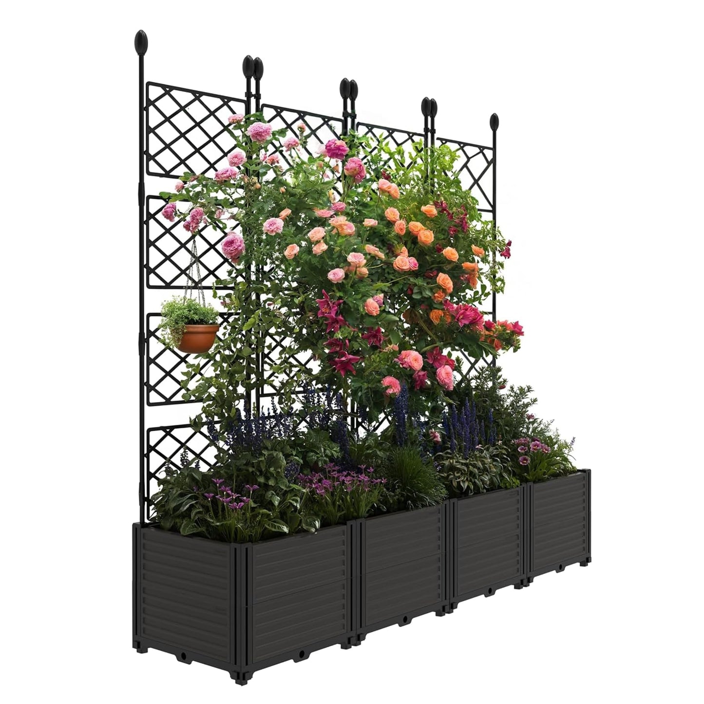 BouPower 4pcs Raised Garden Bed with Trellis & Privacy Screen, 63" h Tall Vertical Planter Box for Climbing Plants, Outdoor Garden Planter Box with Drainage Holes for Patio Balcony, Black