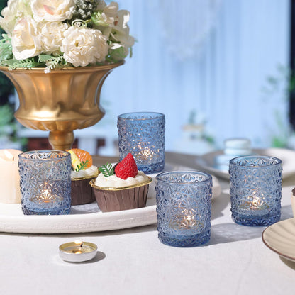 Lanttu Blue Votive Candle Holder Set of 12, Flower Tea Lights Candles Holders for Wedding Table Centerpieces, Birthday Parties, Home Decor, Blue Bridal Shower and Holiday Decorations