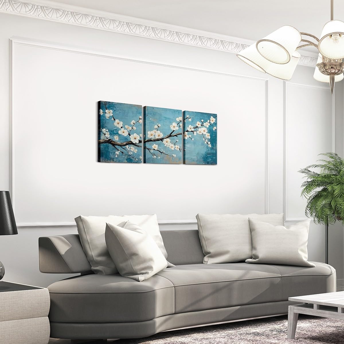 jejeloiu White Plum Blossom Canvas Wall Art for Living Room Bedroom 12"x16"x3pcs Teal Blue Picture Wall Decor for Bathroom Floral Flower Branches Office Decorations Artwork Posters Botanical Painting