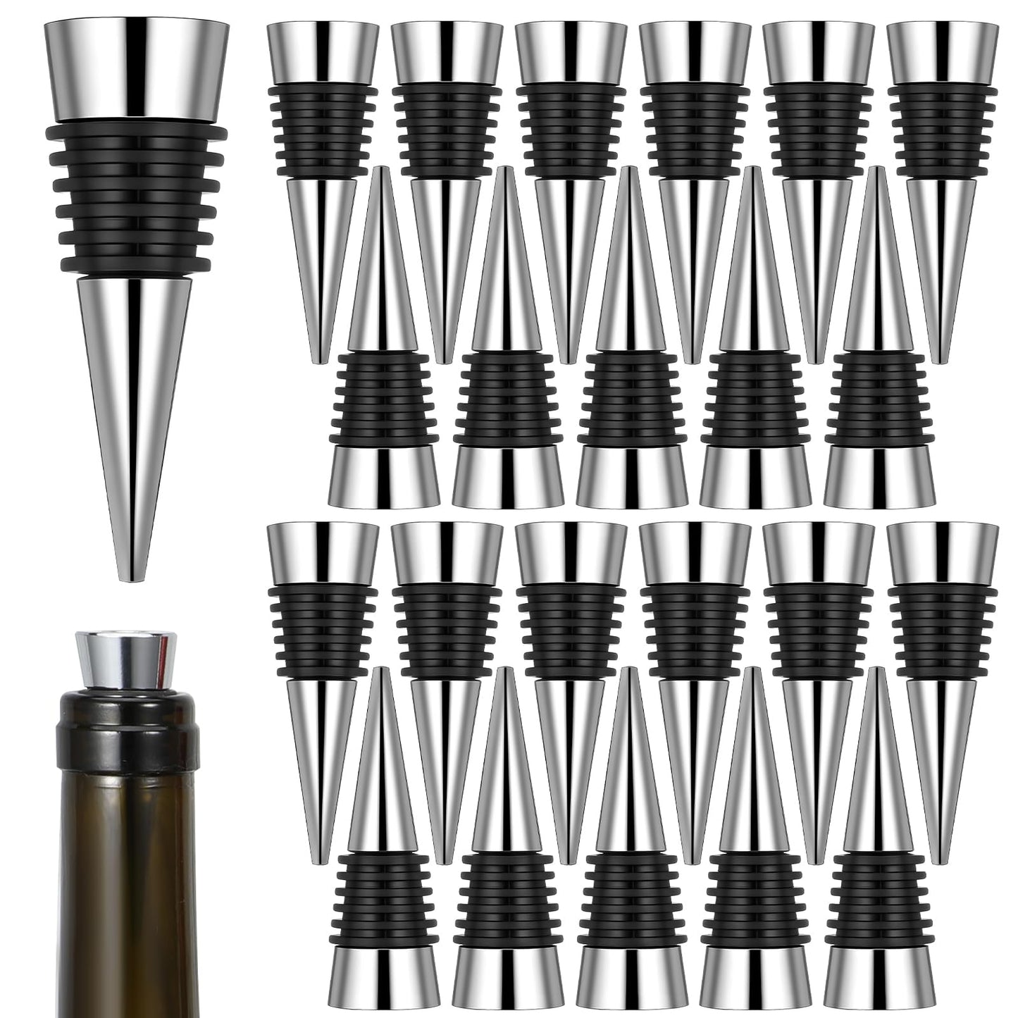 25 Pieces Wine Bottle Stopper Set Kit Reusable Decorative Bottle Stoppers Stainless Steel Wine-Bottle Stopper Kit for Kitchen, Bar, Gifts, Holiday Party, Wedding(Metal Silver)