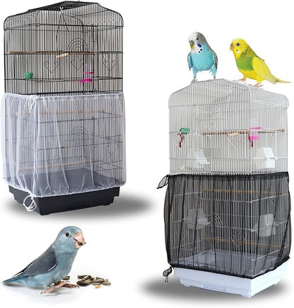 Daoeny 2Pcs Bird Cage Cover, Adjustable Soft Airy Nylon Mesh Parrot Net, Universal Feather Seed Catcher, Birdcage Cover Skirt Sheer Guard for Round Square Bird Cages (White +Black)