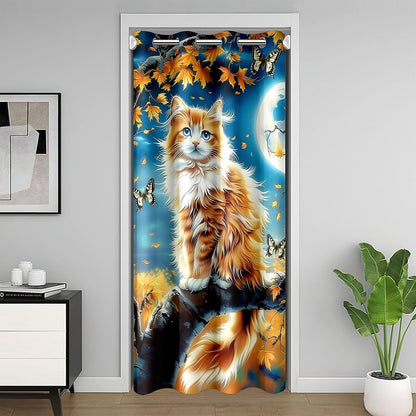 Cute Cat Door Curtain Autumn Maple Leaves Tree Doorway Curtain Wild Butterfly Darkening Blackout Curtain Blue Night Moon Drape for Bedroom Privacy 1 Panel 34" W X 80" L