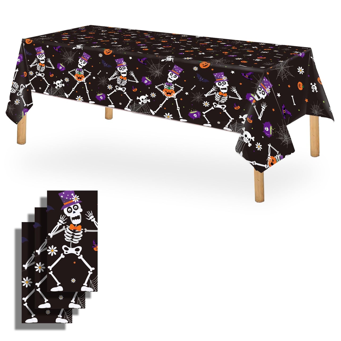 OQOQ Halloween Tablecloth (3 Packs, Black), 108x54 Inches Halloween Plastic Table Cloth Disposable Party Favors Pumpkin Boo for Outdoor Indoor Table Decor Backdrop Banner Party Supplies
