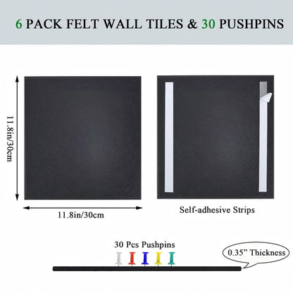 Leallace Cork Board for Walls 36" x 24", Black Bulletin Boards, 6 Pack Felt Cork Tiles with Removable Adhesive & 30 Pushpins, Cork Boards for Office, Home, Classroom, Kids Room