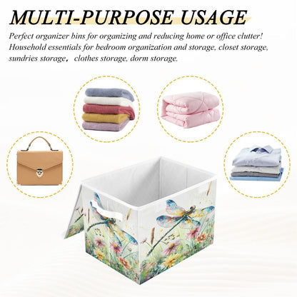 senya Baskets Collapsible Storage Bins with Lids, Dragonfly Wildflowers Painting Storage Boxes Clothes Baskets for Organizing