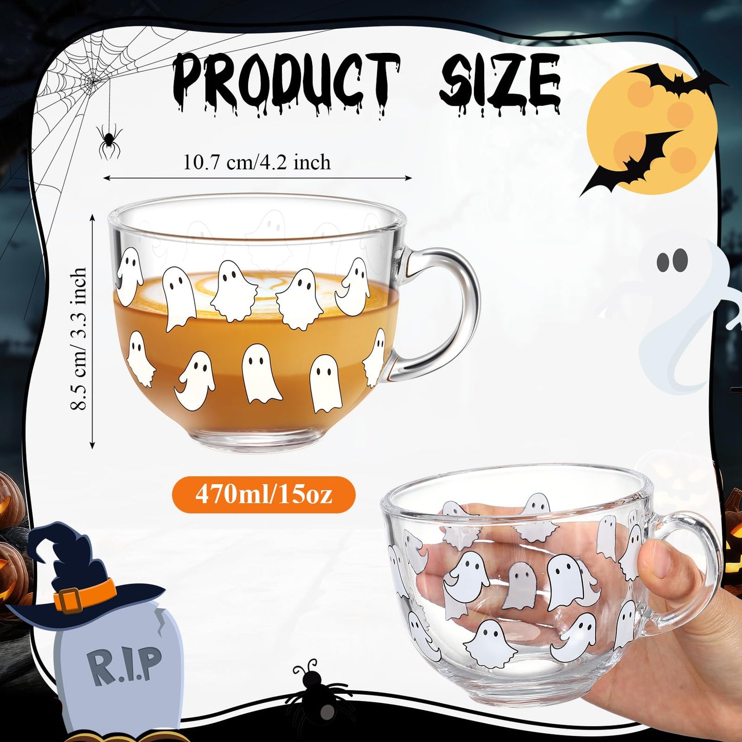 Sliner 6 Pcs Halloween Glass Coffee Mugs with Handle, 16 oz Clear Irish Coffee Mugs Halloween Ghost Footed Irish Glasses Cups for Beverages Latte Hot Chocolate(Ghost)