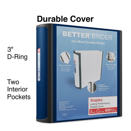 Staples Better Binder, 3" D‑Ring 3‑Ring Binder, Blue, Reinforced Rubber Spine, Heavy‑Duty Design, Holds up to 600 Sheets for School & Office
