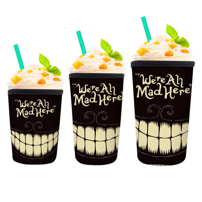 AUHIWDO 3 Pack Reusable Neoprene Insulator Sleeve for Iced Coffee Cups, Durable Drink Sleeve for Cold Hot Beverages Compatible with 16-32OZ Cute Black Tooth