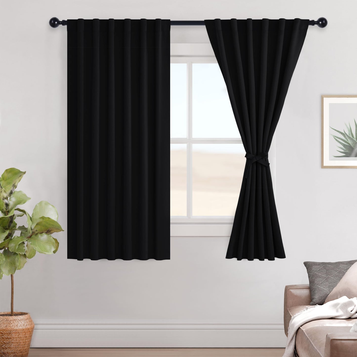 Hiasan Black Blackout Curtains for Bedroom 72 inches Long Rod Pocket Thermal Blackout Curtains Noise Blocking with Tiebacks Halloween Drapes for Living Room,52" x 72",Set of 2
