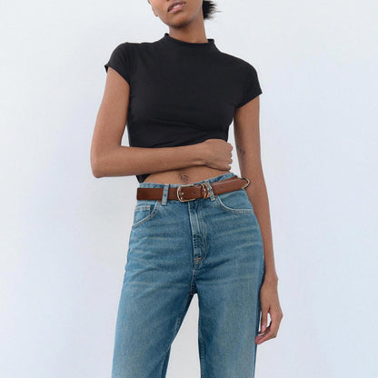 AI DEEBLUE Brown Belts for Women with Gold Buckle Faux Leather Belts Fashion Casual belts for jeans