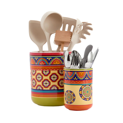 Bico Tunisian Ceramic Utensil Holder Set of 2 for Kitchen Counter, 7"+5" Large Cooking Utensil Crock Organizer, Lead & Cadmium Free, Dishwasher Safe, Decorative Kitchen Décor