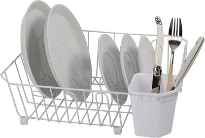 Oggi Compact Dish Drying Rack - White Metal Dish Drainer Rack, Drying Rack Kitchen, Dish Rack, Dish Racks for Kitchen Counter, Durable Coated Metal Kitchen Drying Rack with Cutlery Holder