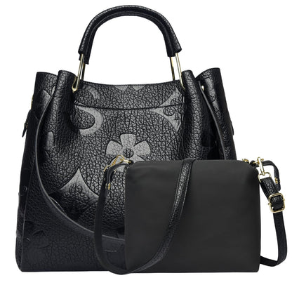 Travistar Floral Handbags and Purses Women - Retro Embossed Leather Top Handle Handbag Large Women's Shoulder Bag 3-in-1 Trendy Hobo Purse Ladies Bucket Satchel Bags Black Work Tote