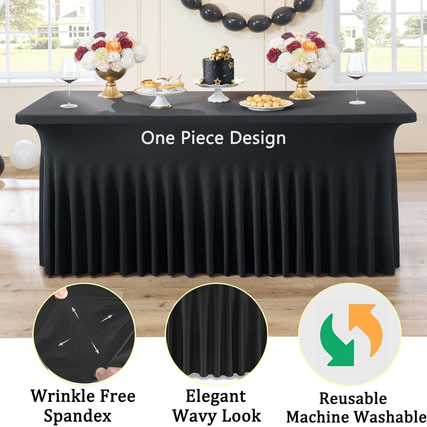 2 Pack Black Spandex Table Covers for 6 Foot Rectangle Tables, Wrinkle Free Fitted Tablecloths 6ft Stretch Table Clothes with Skirt for Parties Weddings Birthday Banquet Baby Shower