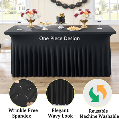 2 Pack Black Spandex Table Covers for 6 Foot Rectangle Tables, Wrinkle Free Fitted Tablecloths 6ft Stretch Table Clothes with Skirt for Parties Weddings Birthday Banquet Baby Shower