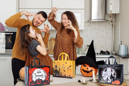 XiaosRen 16Pcs Multifunctional Non-Woven Tote Bags with Handles, Large Reusable Happy Halloween Bags for Gifts, Party Supplies, 12.6x10x6.7