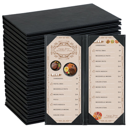 FLKQC 20 Pack Restaurant Menu Covers Holders 4.25" X 11", 2 Pack 2 View Synthetic Leather Menu Holder Covers Book Style with Angled Corners Black for Wine List, Morning Menu, Wine Menu (20, 2 Page)