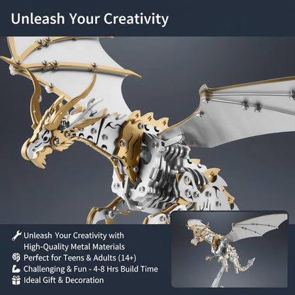 Dragon 3D Metal Puzzles for Adults, 373PCS Stainless Steel DIY Mechanical Metal Model Kits,No Glue Assembly with Movable Joints,Challenging Desk Decor Gift(Golden Silver Dragon)