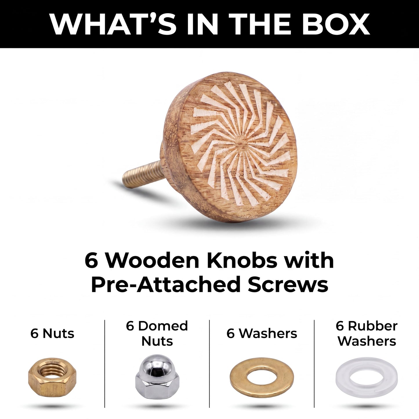 Indian Shelf 6 Pieces Boho Wooden Drawer Knobs - Brown Floral Knobs - Round Cabinet Knobs