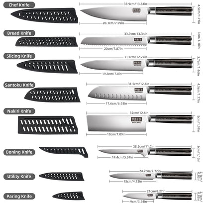 MDHAND Chef Knife Set with Roll Bag, 9PCS Professional Knife Sets with Sharpener, High Carbon Stainless Steel Japanese Kitchen Knives - Black Pakkawood Handle, Dishwasher Safe, For Cooking, Chef Gifts