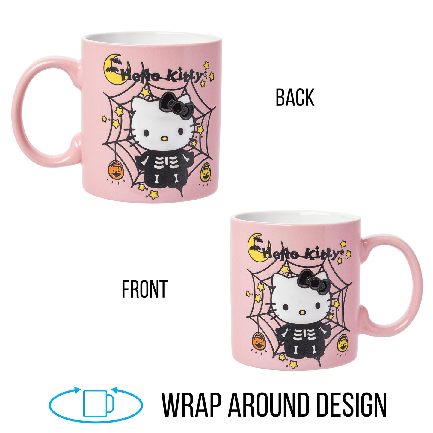 Silver Buffalo Sanrio Hello Kitty Halloween Skeleton Web Wax Resist Ceramic Mug, 20 Ounces
