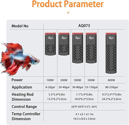 AQQA PTC Fish Tank Heater 500W for Aquarium 53-130 Gal Submersible with External Digital Controller Adjustable Temp Range 59-94℉ Overheat & Out-of-Water Auto Shut-Off Protection (500W for 53-130Gal)