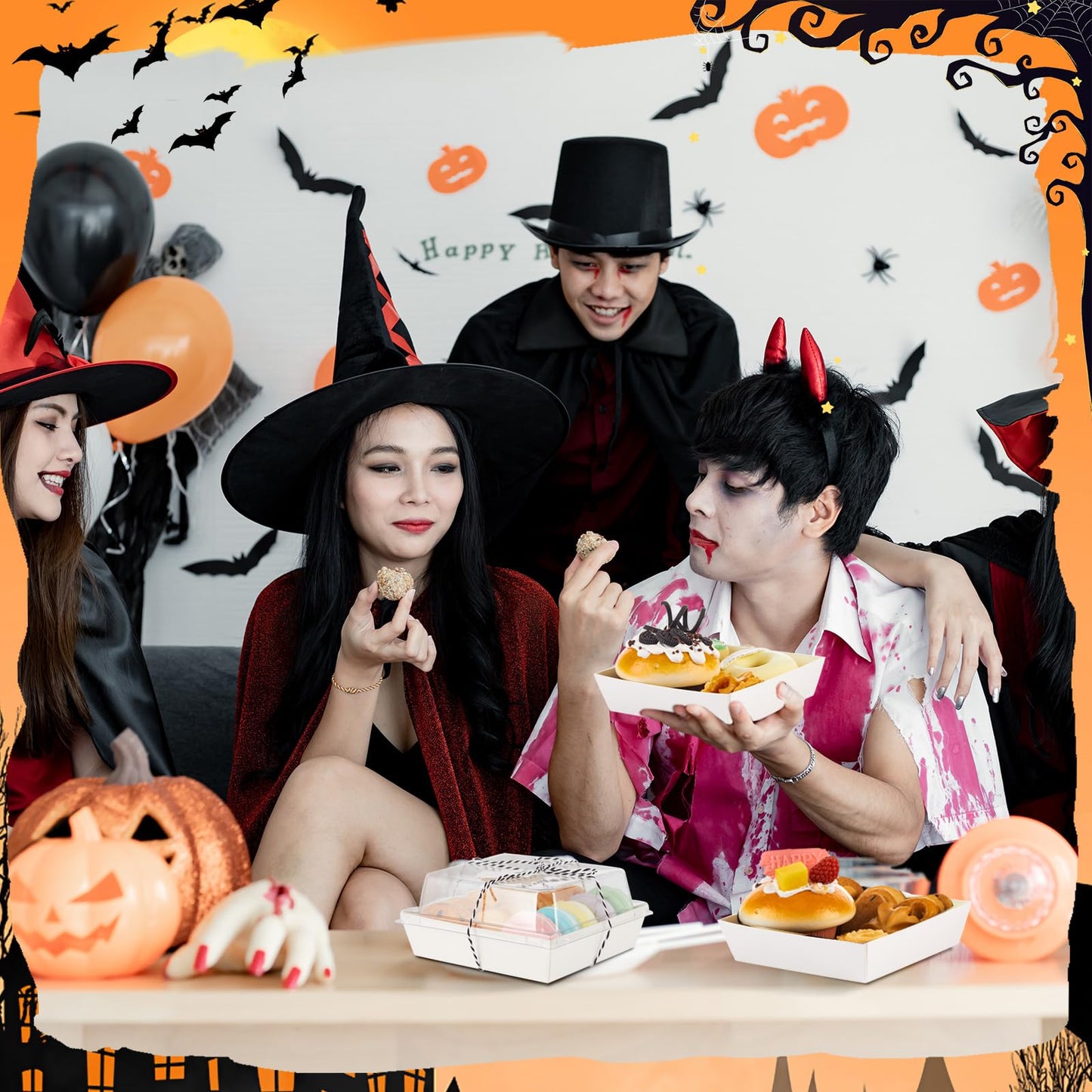 Yaomiao 50 Pcs Halloween Ghost Charcuterie Boxes with Clear Lids Rope Card 5.3 Inch Square Disposable Paper Food Containers Bakery Dessert Treat Boxes for Cake Cookie Sandwich Halloween Party Favors