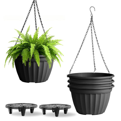 FGstyle Hanging Planters 10 Inch, 4 Pcs Self Watering Pots for Indoor Plants,Plastic Hanging Basket with Soil Elevator and 20" Chain for Home Garden Porch Balcony Patio Decor(Black)