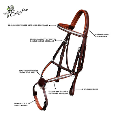 Exion Premium English Leather Figure 8 Bridle with Silver Clincher Noseband & Browband | Soft Padded Anatomical Crown Piece | Rubber Reins | Adjustable Fit | Jumping, Hunter, Eventing