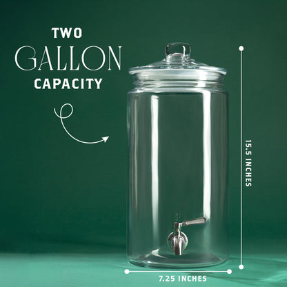 2 Gallon Glass Drink Dispenser with Spout for Parties - Tall Airtight Mason Style Beverage Serveware Stand with Metal Spigot for Kombucha, Water, Juice, Punch, Cocktails, Ice Tea & Sun Tea