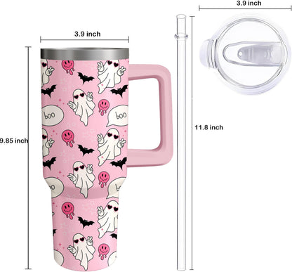 Kearscupra 40oz Cute Ghost Halloween Tumbler With Handle and Straw,Gifts for Women Spooky Pink Bat Melting Smile Face Coffee Mug Water Bottle, Stainless Steel Insulated Cup