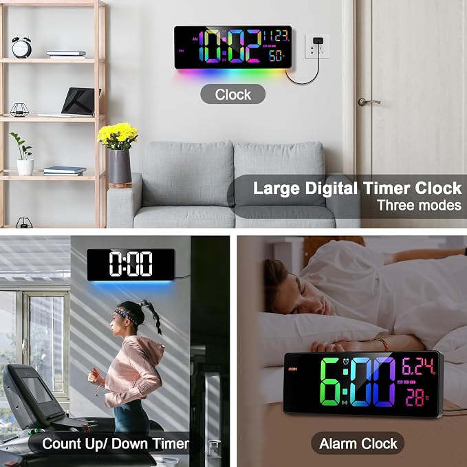 16" Bluetooth Large Digital Wall Clock/Auto Time Sync, 10 RGB Colors Digital Clock Large Display with Remote, Auto-Dimming/DST, Calendar, Timer, Alarm, 6 Night Lights Big Clock for Decor