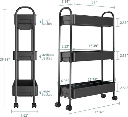 Slim Rolling Cart, Metal Frame Utility Rolling 3-Tier Narrow Storage Cart with Handle Kitchen Storage Organizer, Mobile Shelving Unit for Bathroom Kitchen