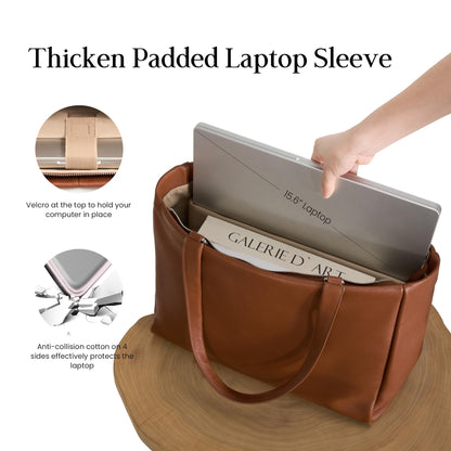 befen Real Leather Work Tote Bag for Women Ladies Totes Shoulder Purse Satchel Handbags with 15.6" Compartment & Water Cup Holder Cognac Brown