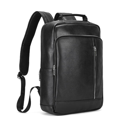 Yevabo Genuine Leather 15.6 Inch Laptop Backpack for Men, Multi Pocket Slim Daypack Shoulder Bag with Trolley Sleeve for Business Travel (Black)