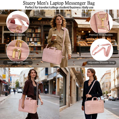Stuery Faux Leather Messenger Bag for Men 17-17.3 Inch: Laptop Bag Briefcase Computer Handbags Shoulder Crossbody Bag with Padded Laptop Sleeve for Work College Travel, PU Pink