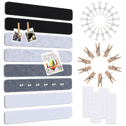 Vuzvuv 8 pcs Bulletin Board Bar Strips No Adhesive Backing with Glue Points ，Self Adhesive Cork Board for Wall，Felt Pin Board for School，Office Decor(Black White Grey)