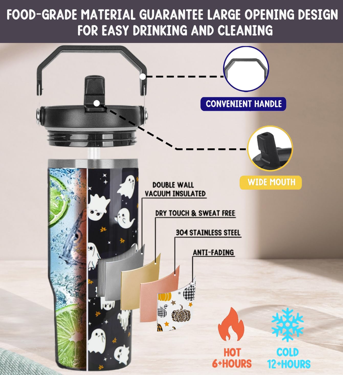 Zifmrtrwn Halloween Tumbler with Handle and Flip Straw Ghost Gifts Coffee Travel Mug Insulated Water Bottle Cup Ghosts Halloween Decor Gifts-30 oz(1PCS)