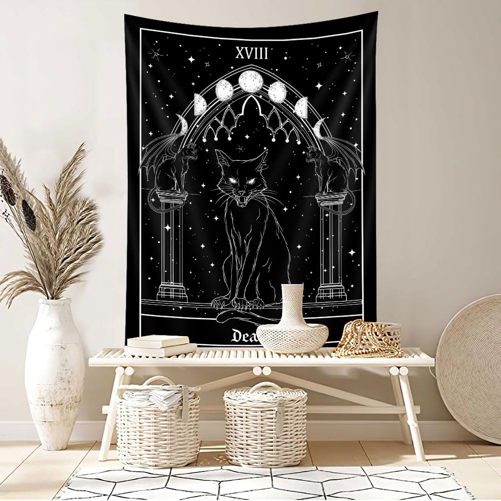 Goth Black Cat Tapestry, Gothic Tarot Witch Vertical Wall Hanging For Men, Black And White Aesthetic Anime Witchcraft Art For Bedroom Living Room Poster, 40X60Inch