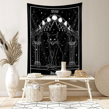 Goth Black Cat Tapestry, Gothic Tarot Witch Vertical Wall Hanging For Men, Black And White Aesthetic Anime Witchcraft Art For Bedroom Living Room Poster, 40X60Inch