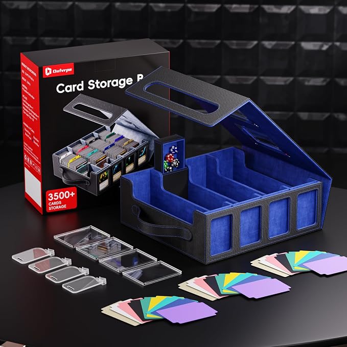 Trading Card Storage Box – 3500+ Magnetic MTG Deck Box with Handle,Commander & Toploader Display, Dice Box,4 Dividers & 30 Color Labels – Fits for TCG,MTG,Yu-Gi-Oh and Sport cards(Black/Blue)