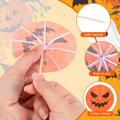 Whaline 120 Pcs Summer Halloween Cocktail Umbrella Drink Picks Orange Black Pumpkin Drink Umbrellas for Beverage Fruit Cupcake Topper Decorations