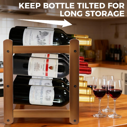 Janedream Bamboo Wine Rack 3-Tier 12 Bottle, Freestanding Countertop Wine Storage Shelf, Sturdy Natural Wine Holder Display Cabinet for Kitchen, Pantry, Dining Room & Home Bar (3 Tier)