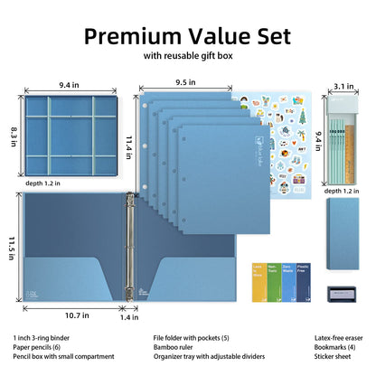 Blue Lake 3-Ring Binder School Offiice Supplies Kit Bundle Plastic Free 22 Piece Binder, Folders, Pencils, Pencil Box Organizer Tray, Gifts for K-12, College Students, and Office