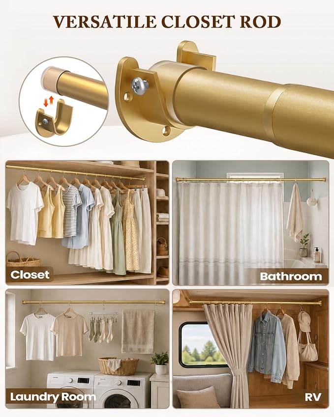 Heavy Duty Closet Rod, 17-84 IN Closet Rods for Hanging Clothes, Gold | Stepless Adjustable, Supports up to 66 lbs, Multiple Size Options, Easy Installation, Multi Purpose , Wall-Mounted