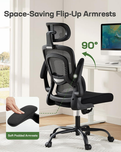 Marsail Ergonomic Office Chair with Adjustable Lumbar Support, High Back Desk Chair with 2D Headrest & Flip-Up Armrests Gaming Computer Task Chair Tilt Function Black