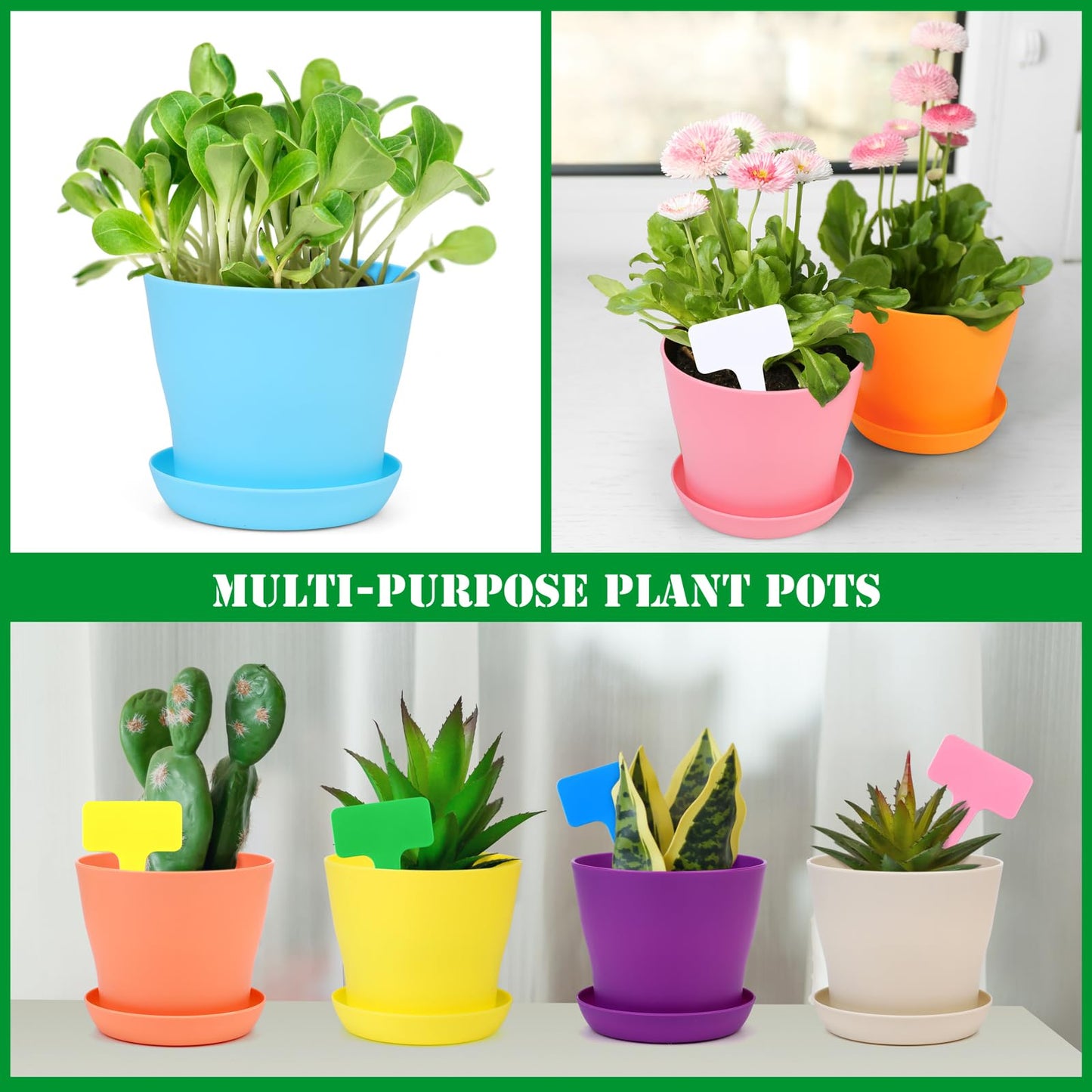 Hahood 48 Pack Plastic Planters 4 Inch Flower Plant Pots Indoor Set Thickened Seedling Nursery Pots Seed Starting Pots with Drainage Holes Saucers, Mini Garden Tools for Home Office Garden, Multicolor