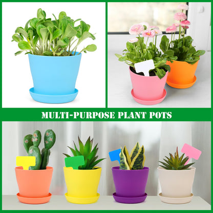 Hahood 48 Pack Plastic Planters 4 Inch Flower Plant Pots Indoor Set Thickened Seedling Nursery Pots Seed Starting Pots with Drainage Holes Saucers, Mini Garden Tools for Home Office Garden, Multicolor