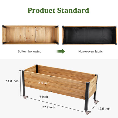 OIPRTGFJ Wood Rectangular Garden Planter Box with Wheel Raised Garden Bed Outdoor,Planters for Outdoor Plants 37 * 13 * 15 Elevated Planter Box for Herbs Vegetables Flowers Outdoor Patio Deck Balcony