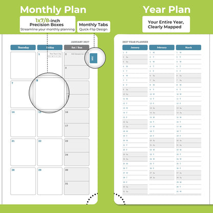 IN-LUXPRO Planner 2026-2027 Daily Weekly and Monthly,6.5"x3.75",18 Months Spiral Bound Calendar Agenda with Self-adhesive Pen Holder,2026 Academic Plan with Vegan Leather Soft Cover,Wasabi Green